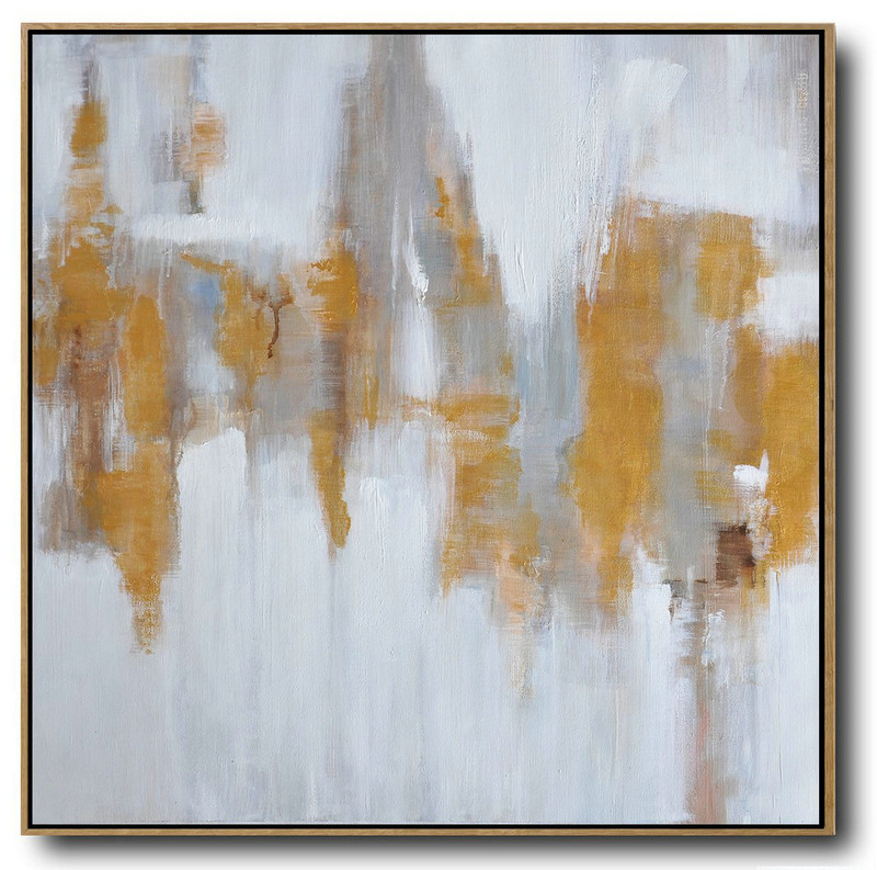 Extra Large 72" Acrylic Painting,Large Abstract Landscape Oil Painting On Canvas,Hand-Painted Contemporary Art White,Grey,Yellow